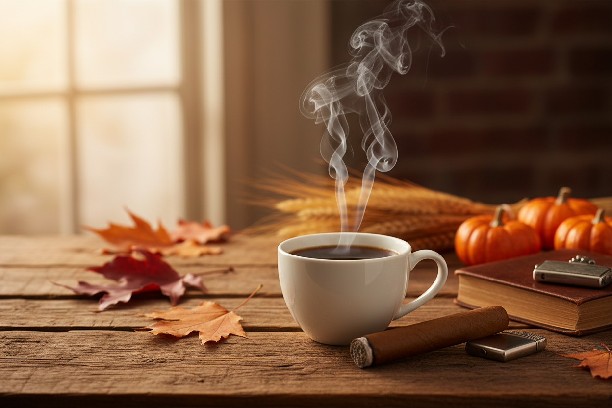 Thanksgiving displaying coffee cup and smoking cigar